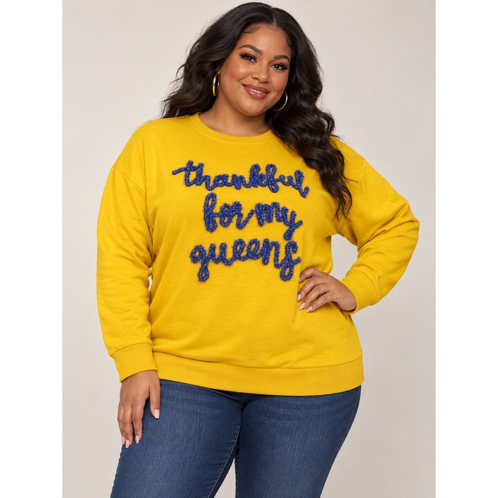Ashley Stewart 18/20 Comfy Yellow Embroidered Graphic Glitter Script Sweatshirt